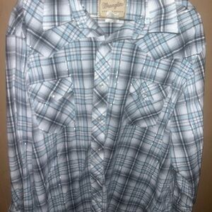 Wrangler Men's White and Blue Checkered Shirt 2xl